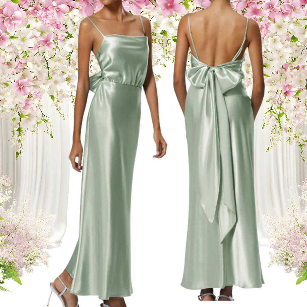 AW BRIDAL 4 S sage green satin Lettice prom formal party maxi dress NEW B21